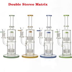 Çift Stereo Matris 4 Renkler 14mm Kadın Ortak Buz Düz Tüp Nargile Stereo Cam Su Borusu 5mm Kalın Inline Ferc Fab Yumurta Başlığı Dab Petrol Kuleleri LBLX210401