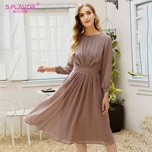 S.Flavor Mola moda mulheres marrom chiffon vestido elegante manga longa plissada uma linha sólida verão boho midi vestidos 210623