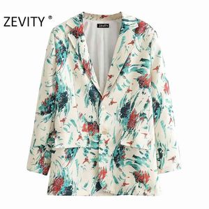 women vintage abstract print chic leisure blazer coat ladies long sleeve button casual pocket outwear suit tops CT570 210420