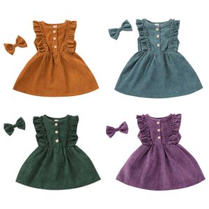 2021 New Spring 6M-5Y Baby Girl 2Pcs Set Corduroy Ruffled Sleeveless Single Breasted Dress+Bow Hairpin Children Clothes 4 Colors Q0716