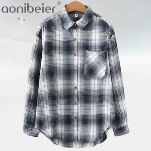 Single Breasted Fashion Women Plaid Chic Checked Blouse Long Sleeve Female Casual Print Shirts Loose Tops Blusas 210604