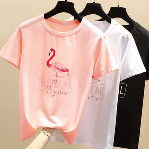 Tシャツの女性服夏ピンク原宿コットンTシャツ女性トップス韓国カワイイプリントブラックホワイトビンテージティーシャツ210604