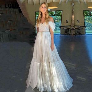 Lorie Boho klär sig av axelpolka dot Ruffled Long Wedding Gown Backless Beach Bridal Dress Abito da Sposa