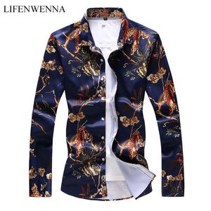 LIFENWENNA Fall Mens Daily Going Out Luxury Shirt Basic Plus Size Slim Floral Animal Print Spread Collar Navy Long Sleeve Shirt 210528