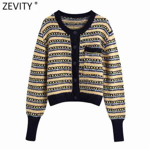 Kvinnor Vintage Färg Matchande Patchwork Striped Casual Short Knitting Sweater Femme Chic Pocket Cardigan Tops S688 210416