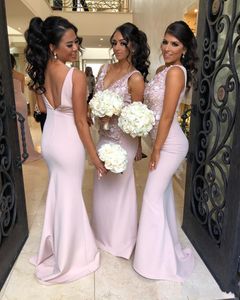 2021 V Neck Mermaid Bridesmaid Dresses Light Pink Maid of the Honor Wedding Guest Dress 3D Flowers One Shoulder Open Back Bridesmaids Gowns