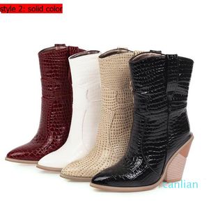 Quality Boots Women Boots with Box Burgundy Cowboy Boots Woman Designer Booties Embossed PU Leather Chunky Heels