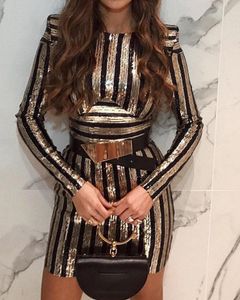 Women Black And Gold Long Sleeve Striped Sequins Formal Party Outfits Dress Sexy Bodycon Nightclub Party Dresses Vestidos 210415