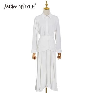 Урожай белая рубашка платье для женщин отворота с длинным рукавом высокая талия головы плиссированные Maxi платья женские мода 210520