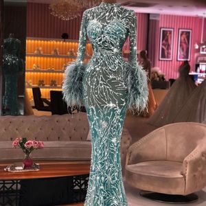 2022 Farkle Mermaid Devel Dress Aregle Long Sleeve Prom Vorts Feathers Illusion Tequin تخصيص فساتين الاستقبال الثانية 293s