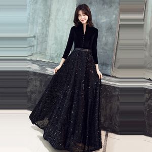 Black Evening Gown V-Neck Botton Solid Patchwork Sequined Robe De Soiree K362 Tre Kvartär Ärm Kväll Klänning 2021 Prom Party Gowns Dresses