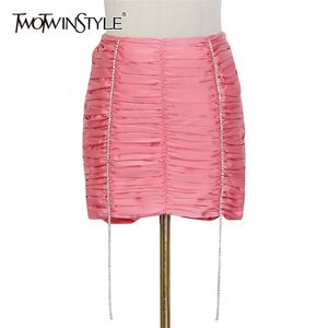 Solid Patchwork Diamond Skirt For Women High Waist Ruched Slim Bodycon Mini Skirts Female Summer Fashion Style 210521