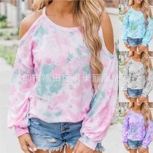 Höst Casual Printed Långärmad Strapless T-shirt Kvinnor Toppar Kvinna Off Shoulder Tie Dye Print Tshirt Ropa Mujer 210517