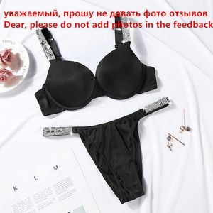 Sexy Letter Rhinestone Lingerie Briefs Set Thongs Girl Push Up Bra Panty 2 Piece For Women Y0812