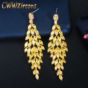 Elegant Shiny Yellow Cubic Zircon Stone Long Dangle Drop Leaf Earrings for Women Engagement Wedding Jewelry CZ748 210714