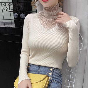 Lace Chiffong Stand Collar Bottoming Knitwear Women Top Sweater Mesh Stitching Long-Sleeve Kvinnors Slim-Fit Tops Pull Femme 11588 210528