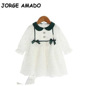 Venda por atacado primavera verão meninas vestidos de manga comprida verde arco princesa vestido bebê colarinho crianças roupas e9116 210610