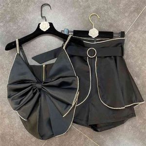 Mola de moda temperamento diamante borda tridimensional arco sling com cinto alta cintura shorts terno gl009 210506