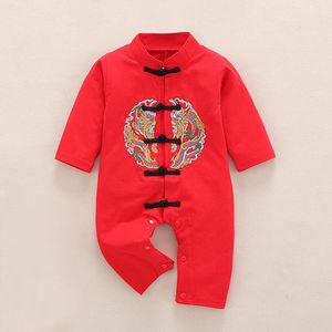 Tute Tute con bottoni cinesi Tute anno Vestiti per bambini Manica lunga Ragazzo Compleanno Pagliaccetto Rosso Abbigliamento da festa 0-24M