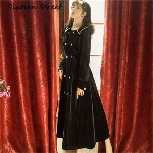 女性パールボタンブラックソリッドビンテージエレガントドレス女性秋冬vestidos 210603のための春のベルベットのドレス