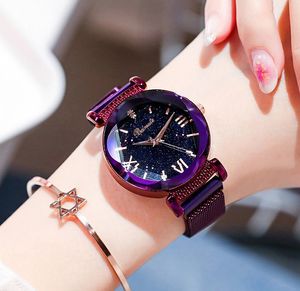 Magnet Ladies Watches Purple Blue Watch Women's Pave Bling Bling Starry Sky Crystal Rhinestone Ladys Quartz Women Matte Finish Alloy Bracelet Fashion Wristwatches