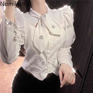 Nomikuma Kvinnor Blus Höst Vinter Diamanter Tie Top Shirts Koreanska Causal Puff Sleeve Kort Toppar Femme Blusas Mujer 6d698 210427
