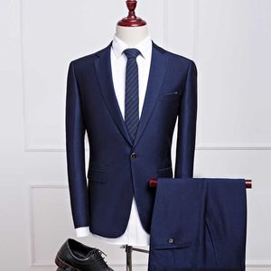 2019 New Dark Blue Suit Business Casual Suit Versione coreana del Slim Best Groom Married Suit X0909