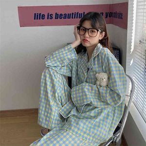 Preança Home Terno Sleepwear Pijama de Mujer Algodão de Algodão Manga Longa Sono Tops + Calças Nightie Mulheres Mulheres Camisetas Pijama Femme 210330