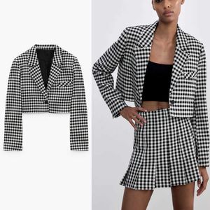 Za Plaid Cropped Blazer Kobiety Vintage Z Długim Rękawem Podkładki Ramię Gingham Blazers Płaszcz Kobiety Pojedynczy Przycisk Odzieży Top 210602