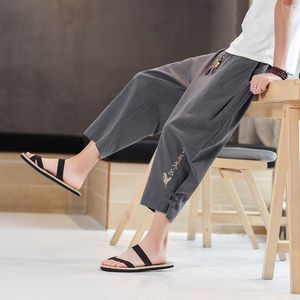 Męskie spodnie Letni Chiński styl Casual Linen Capris Cienkie Luźne Plaża Harem Trend Bawełniane Szorty