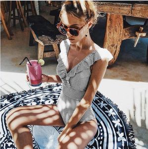 Women's Jumpsuits & Rompers Summer Women Casual Striped Swimsuit 2021 Ruffles V-Neck Backless Skinny One-piece