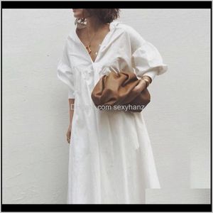 Odzież damska odzież Drop Delivery Casual White Shirt Dress Maxi Chic Koreański Japonia Oversize Women 2021 Lato Slim Solid Color Office Ladi