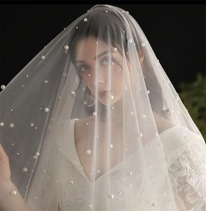 Véus nupcial branco / marfim / champanhe véu longo dois níveis blusher coberto de rosto com pérolas velos de noiva casamento pente frisado