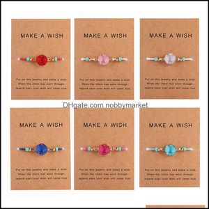 Charm Bransoletki Biżuteria Moda Druzy Żywica Kamienna Bransoletka Z Make A Wish Gift Card Pleciony Sznur Koraliki Sznurek Bangle Dla Kobiet Mężczyźni Handmad