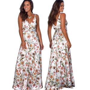 여자 여름 드레스 꽃 무늬 소매 v-neck 등이없는 빈티지 맥시 레이디스 스파게티 스트랩 파티 해변 선 드레스 210412