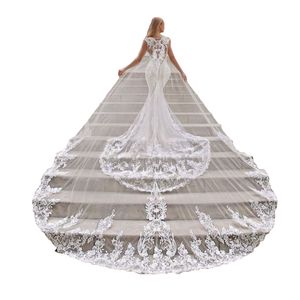 Véu em forma de gotejamento arrasta para baixo da cintura apliques rendas nupcial para meninas catedral luxo longa capela de comprimento simples foto de casamento retro