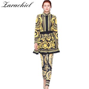 Luxury Gold Leopard Print Designer Runway Suit Autumn Women Long Sleeve Blouse Shirt Half Skirt Pencil Pant 3 Piece Set 210416