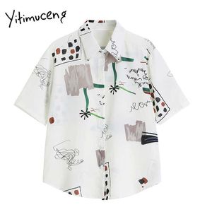 yitimucengプリントブラウス女性ボタンアップシャツ半袖ターンダウンカラーストレートホワイト夏韓国のファッショントップ210601