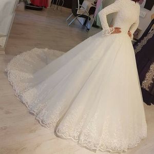 Muslim Princess Wedding Dresses High Neck Long Sleeve Lace Appliques Bridal Gown