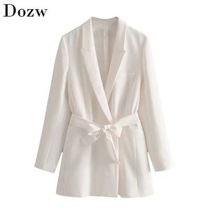 Fashion Double Breasted Blazer Women With Belt Notched Collar Pockets Office Jacket Long Sleeve White Ladies Tops Chaqueta Mujer 210515