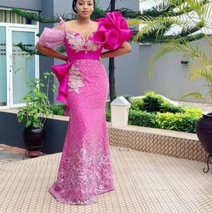 Fuchisa Robe Plus Size Evening Kleid Meerjungfrau Rüschen Blumen Applikationen Perlen Pailletten Spitzen Prom Kleider ASO EBI Partykleider