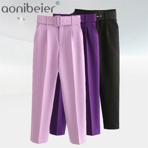 Aonibeier Za Woman Career Pant Office Lady Traf Straight Pants Belt Casual Ankle Length Women Trousers Oem Female Suit Sets 210721