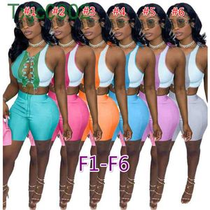 Women Two Piece Pants Sets Designer Tracksuits Slim Sexy Round Neck Sleeveless Shorts Color Contrast Splicing Strap Hollow Out Vest Outfits