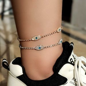 Ins Moda Evil Eyes Rhinestone Złoto Silver Kolor Anklets Dla Kobiet Świeci Pełny Kryształ Tenis Łańcuch Anklet Leg Chain Biżuteria G1022