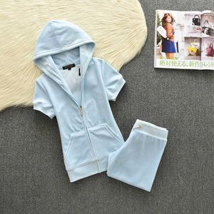 Sommar Tracksuits Kvinnor Två Peices Set Fritid Outfits Velet Hooded Tops High Waist Shorts Candy Color Clothing Solid S-2XL X0721