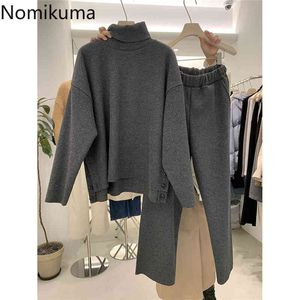 Nomikuma Primavera Nuovo Abito a due pezzi Dolcevita Maglione pullover a maniche lunghe + Pantaloni lunghi a gamba larga a vita alta 6E814 210427