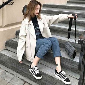 Jesień Kobiety Eleganckie Damskie Faux Skórzana Kurtka Motocyklowa Płaszcz Czarny Luźny Oversized BF Styl Outwear 210430