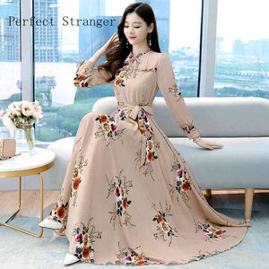 2020 Autumn New Arrival High Quality Elegant Stand Collar Long Sleeve Printed Women Chiffon Long Dress X0521