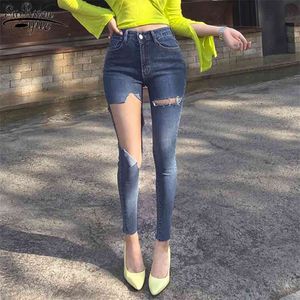 Été automne déchiré trous élastiques denim jeans femmes JEGGINGS TASSEL Pantalon haute taille Capris Femme Skinny Pencil 10405 210521