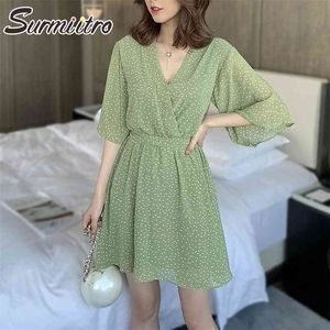Summer Mini Dress Women Elegant Korean Style Ladies Short Sleeve Green Black Dots Tunic Beach Sundress Female 210421